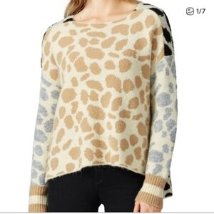 Central Park West Color Blocked Animal Leopard Print Sweater